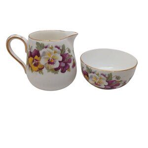 Crown Staffordshire Sugar & Creamer Bowl Pansy Pattern Vintage